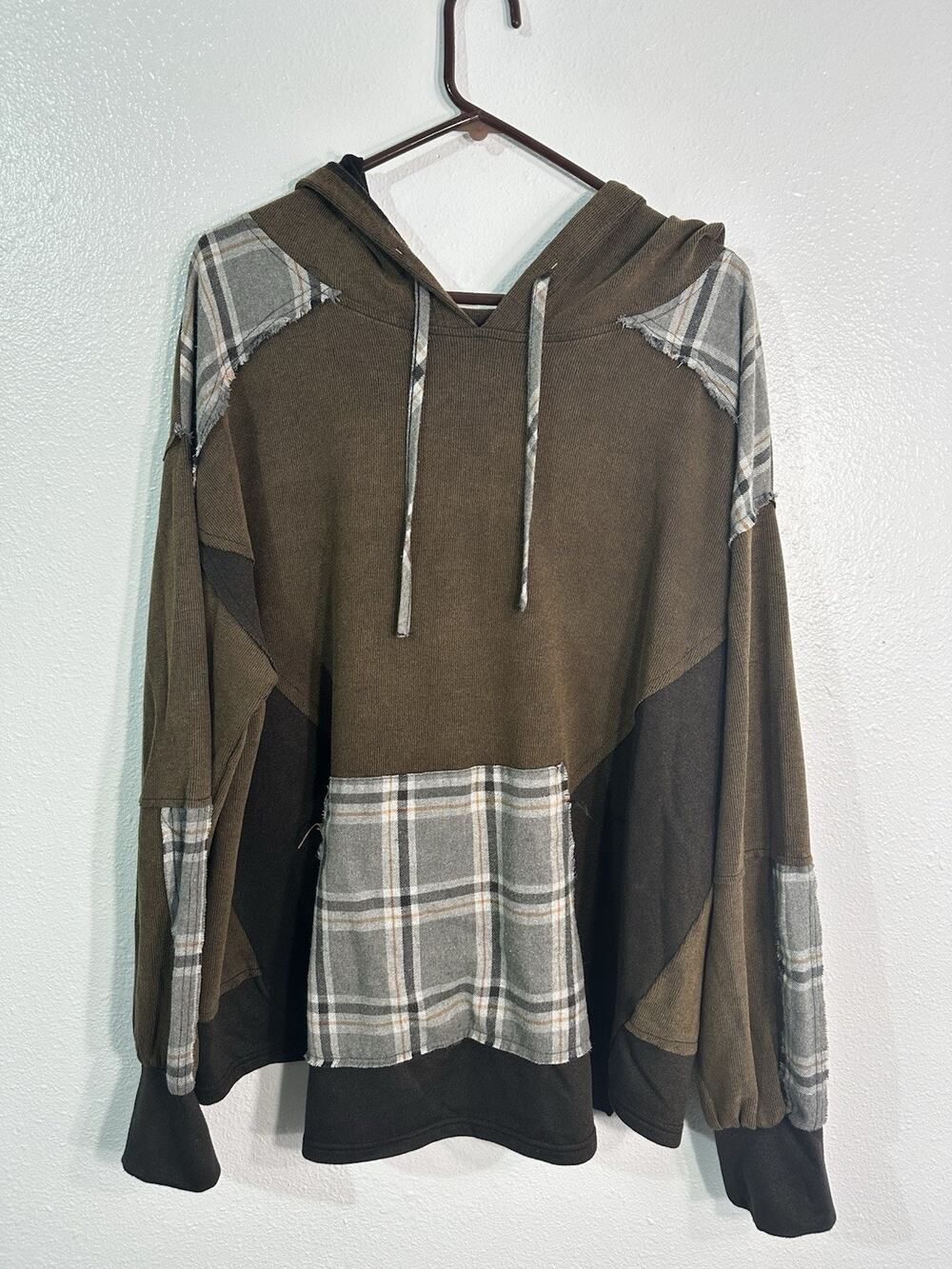 POL Womens Hoodie L Brown Plaid Patchwork Boho Oversized Tunic Pullover